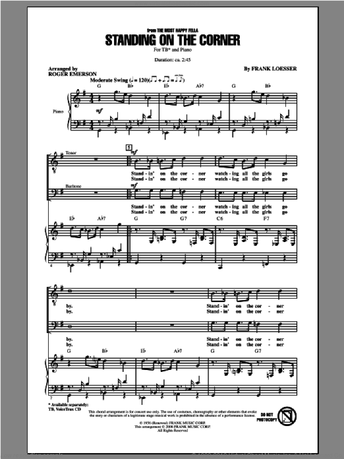 Standing On The Corner sheet music for choir (TB: tenor, bass) by Roger Emerson and Frank Loesser, intermediate skill level