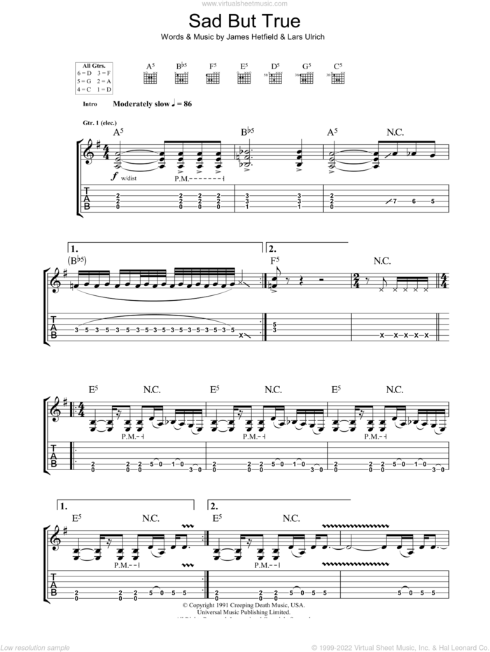 Sad But True sheet music for guitar (tablature) by Metallica, James Hetfield and Lars Ulrich, intermediate skill level