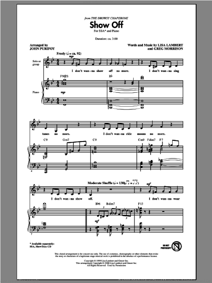 Show Off (from The Drowsy Chaperone) sheet music for choir (SSA: soprano, alto) by John Purifoy, intermediate skill level
