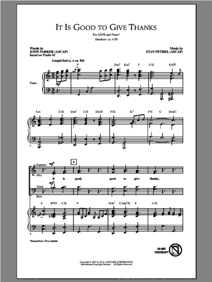 It Is Good To Give Thanks sheet music for choir (SATB: soprano, alto, tenor, bass) by Stan Pethel, intermediate skill level