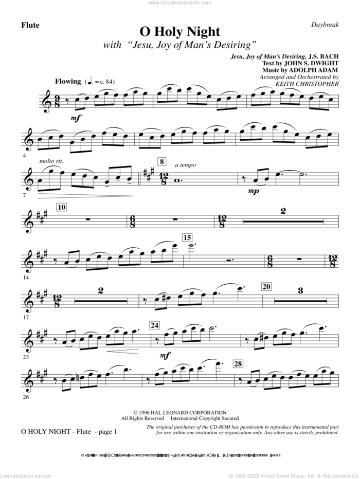 O Holy Night (with 'Jesu, Joy of Man's Desiring') sheet music for orchestra/band (flute) by Keith Christopher, intermediate skill level