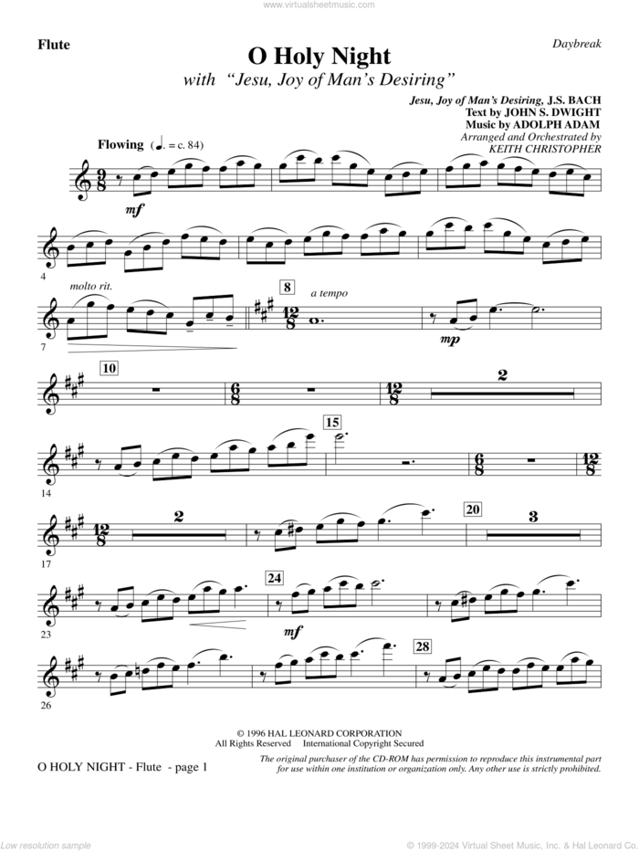 O Holy Night (with 'Jesu, Joy of Man's Desiring') sheet music for orchestra/band (flute) by Keith Christopher, classical wedding score, intermediate skill level