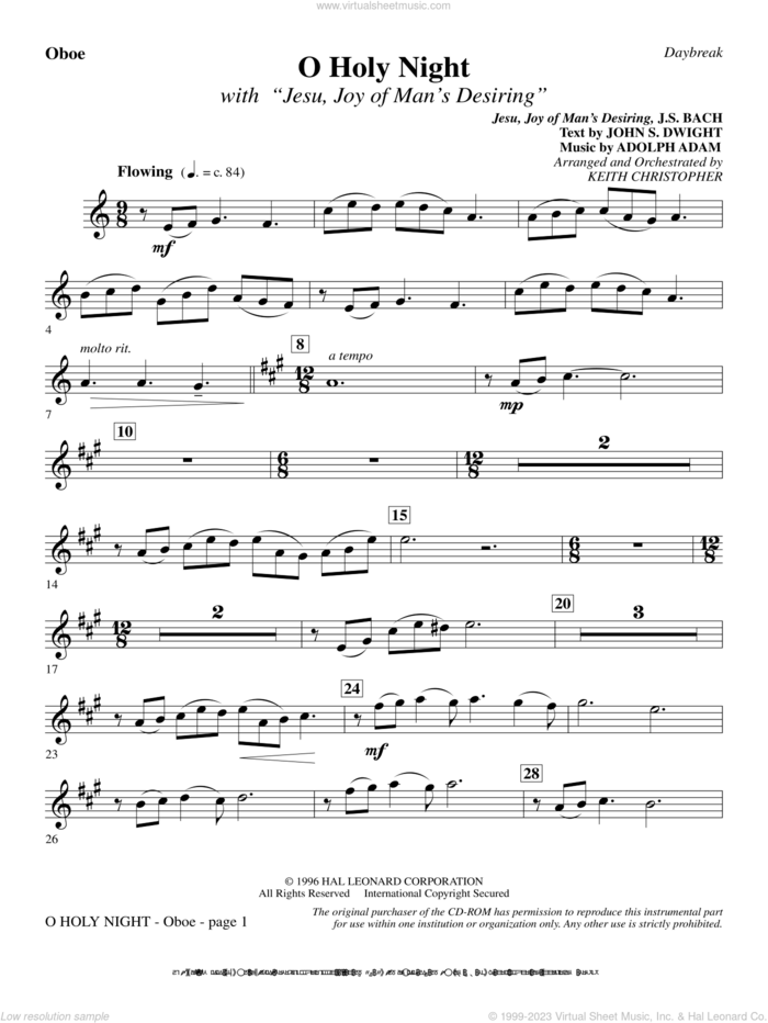 O Holy Night (with 'Jesu, Joy of Man's Desiring') sheet music for orchestra/band (oboe) by Keith Christopher, intermediate skill level