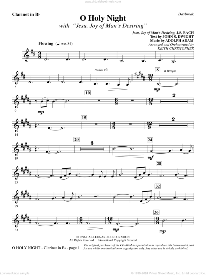 O Holy Night (with 'Jesu, Joy of Man's Desiring') sheet music for orchestra/band (Bb clarinet) by Keith Christopher, classical wedding score, intermediate skill level
