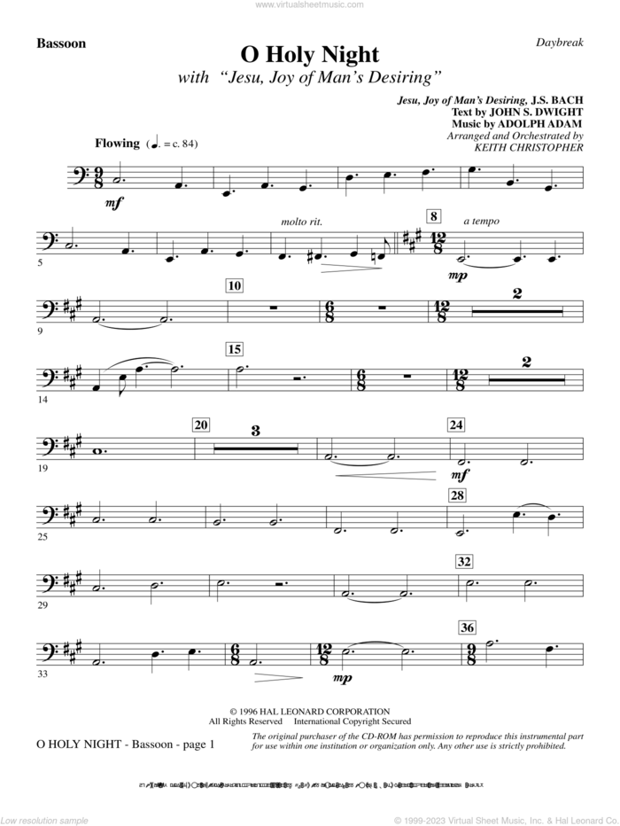 O Holy Night (with 'Jesu, Joy of Man's Desiring') sheet music for orchestra/band (bassoon) by Keith Christopher, intermediate skill level