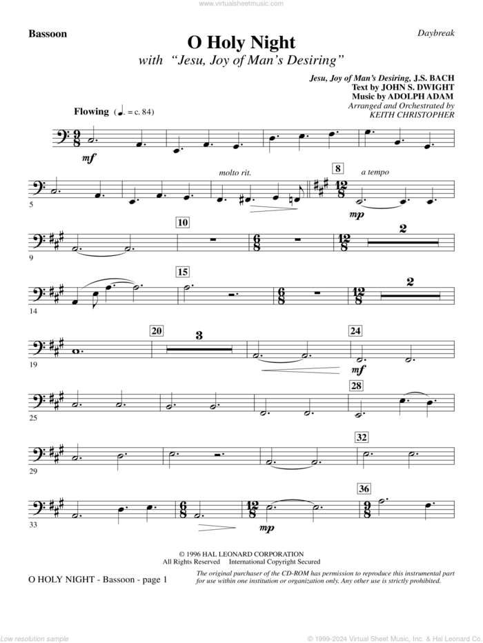 O Holy Night (with 'Jesu, Joy of Man's Desiring') sheet music for orchestra/band (bassoon) by Keith Christopher, classical wedding score, intermediate skill level