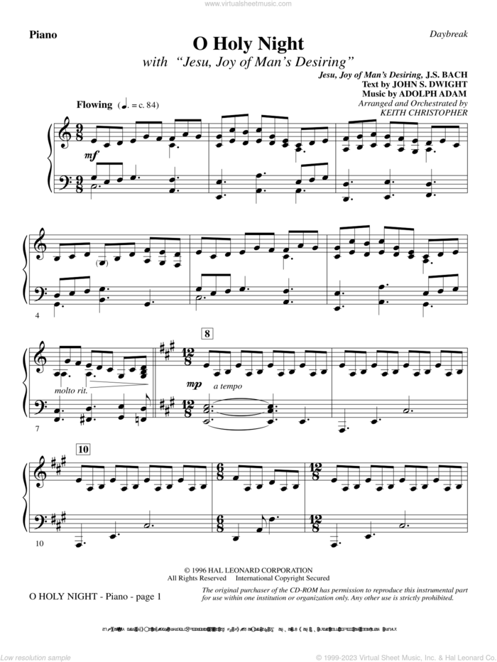 O Holy Night (with 'Jesu, Joy of Man's Desiring') sheet music for orchestra/band (piano) by Keith Christopher, intermediate skill level