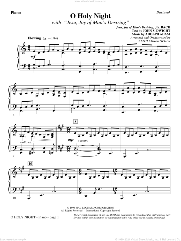 O Holy Night (with 'Jesu, Joy of Man's Desiring') sheet music for orchestra/band (piano) by Keith Christopher, intermediate skill level