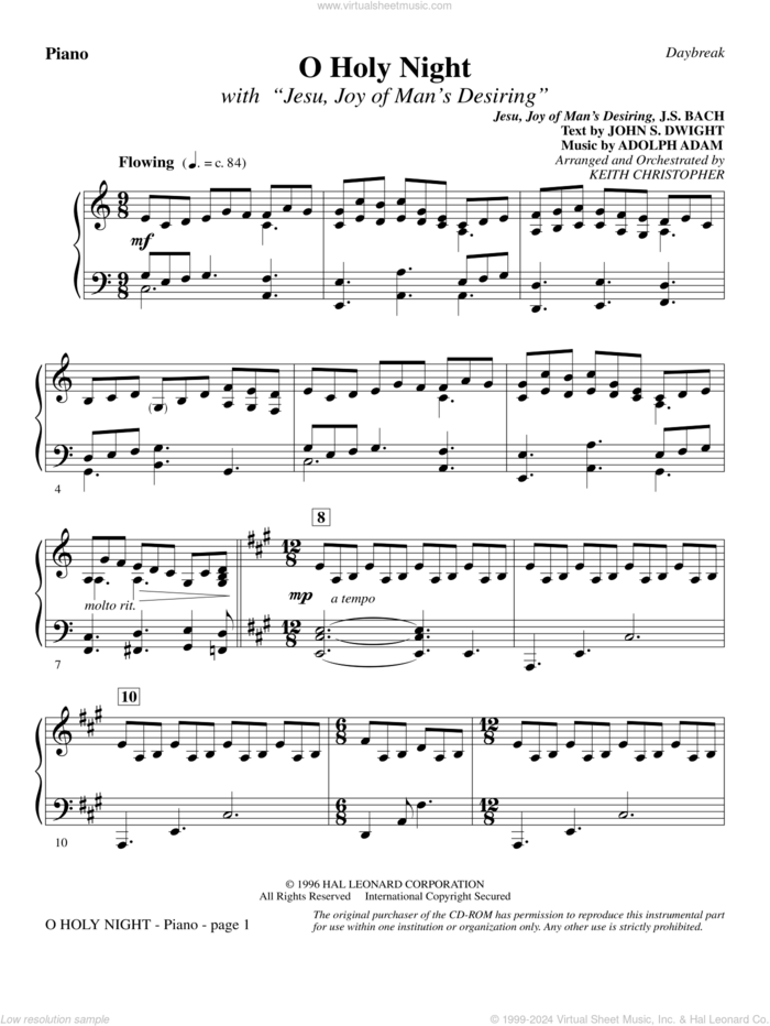 O Holy Night (with 'Jesu, Joy of Man's Desiring') sheet music for orchestra/band (piano) by Keith Christopher, classical wedding score, intermediate skill level