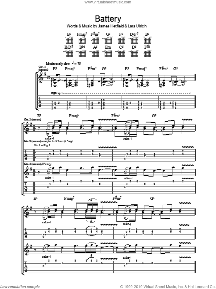 Battery sheet music for guitar (tablature) by Metallica, James Hetfield and Lars Ulrich, intermediate skill level