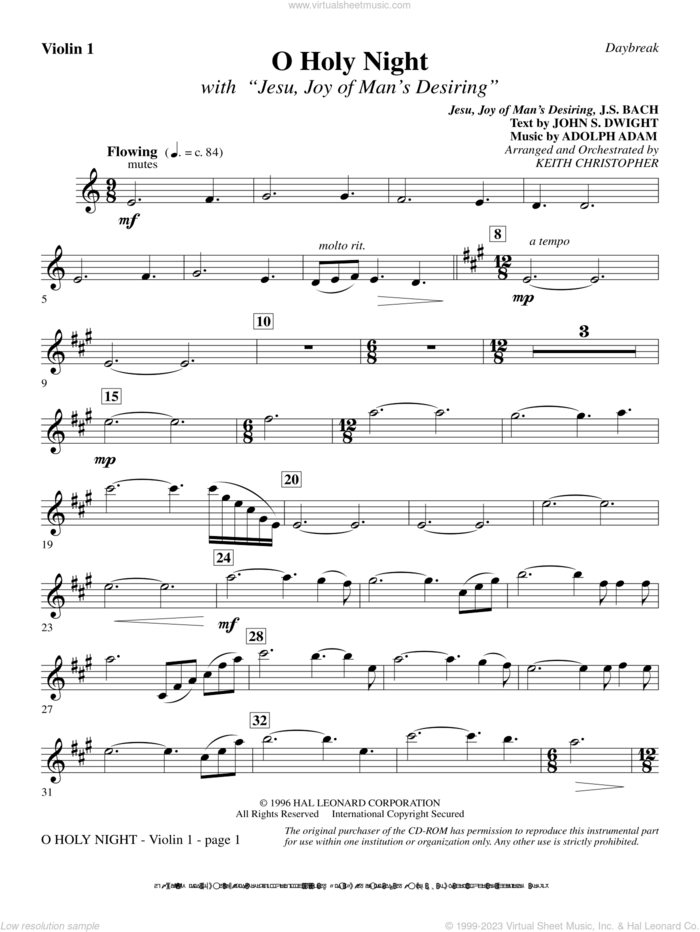 O Holy Night (with 'Jesu, Joy of Man's Desiring') sheet music for orchestra/band (violin 1) by Keith Christopher, intermediate skill level