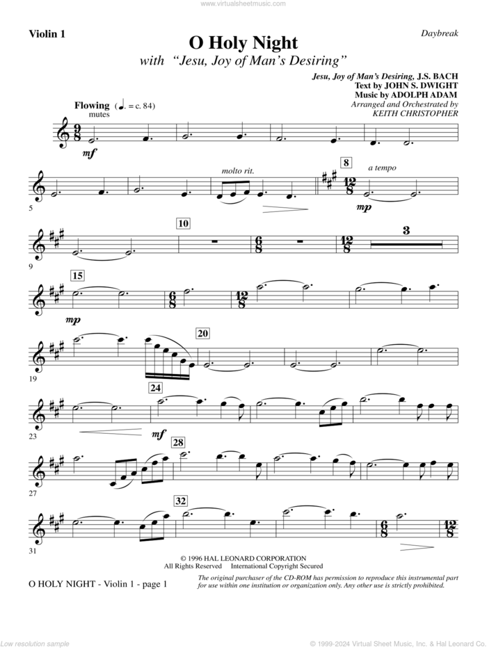 O Holy Night (with 'Jesu, Joy of Man's Desiring') sheet music for orchestra/band (violin 1) by Keith Christopher, classical wedding score, intermediate skill level