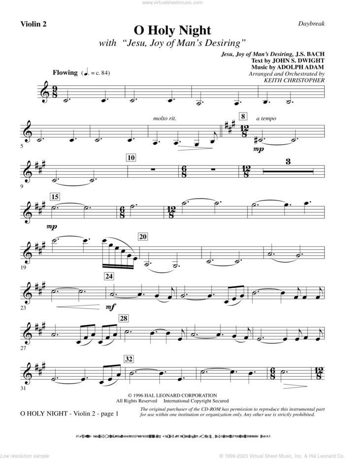 O Holy Night (with 'Jesu, Joy of Man's Desiring') sheet music for orchestra/band (violin 2) by Keith Christopher, intermediate skill level