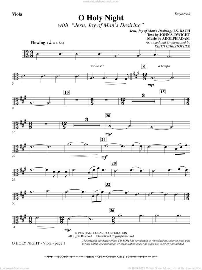 O Holy Night (with 'Jesu, Joy of Man's Desiring') sheet music for orchestra/band (viola) by Keith Christopher, intermediate skill level