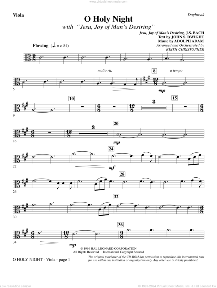 O Holy Night (with 'Jesu, Joy of Man's Desiring') sheet music for orchestra/band (viola) by Keith Christopher, classical wedding score, intermediate skill level