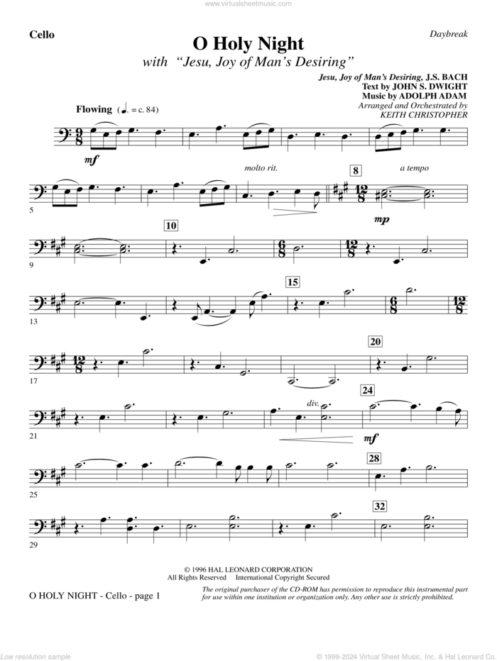 O Holy Night (with 'Jesu, Joy of Man's Desiring') sheet music for orchestra/band (cello) by Keith Christopher, classical wedding score, intermediate skill level