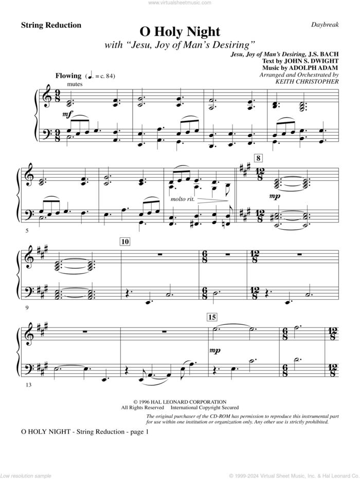 O Holy Night (with 'Jesu, Joy of Man's Desiring') sheet music for orchestra/band (keyboard string reduction) by Keith Christopher, classical wedding score, intermediate skill level