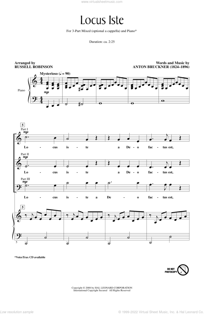 Locus Iste sheet music for choir (3-Part Mixed) by Russell Robinson and Anton Bruckner, classical score, intermediate skill level