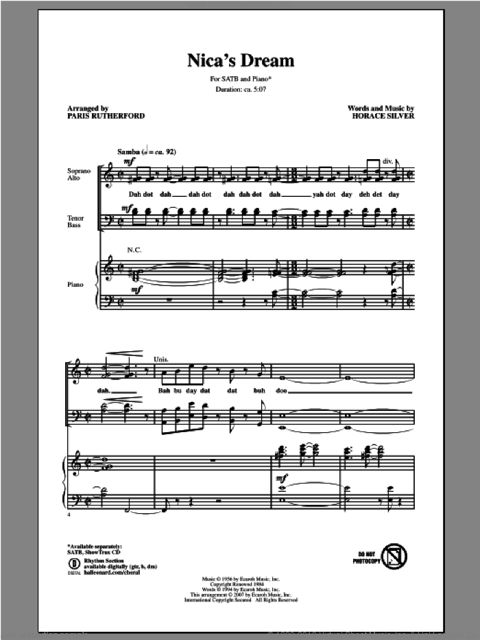 Nica's Dream sheet music for choir (SATB: soprano, alto, tenor, bass) by Paris Rutherford, intermediate skill level