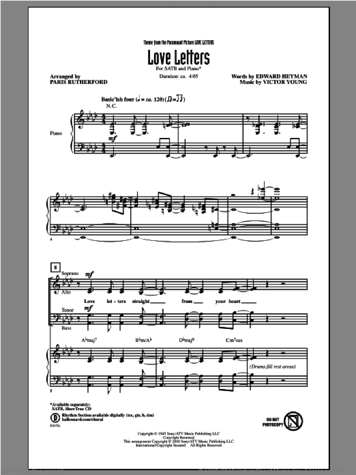 Love Letters sheet music for choir (SATB: soprano, alto, tenor, bass) by Paris Rutherford, intermediate skill level