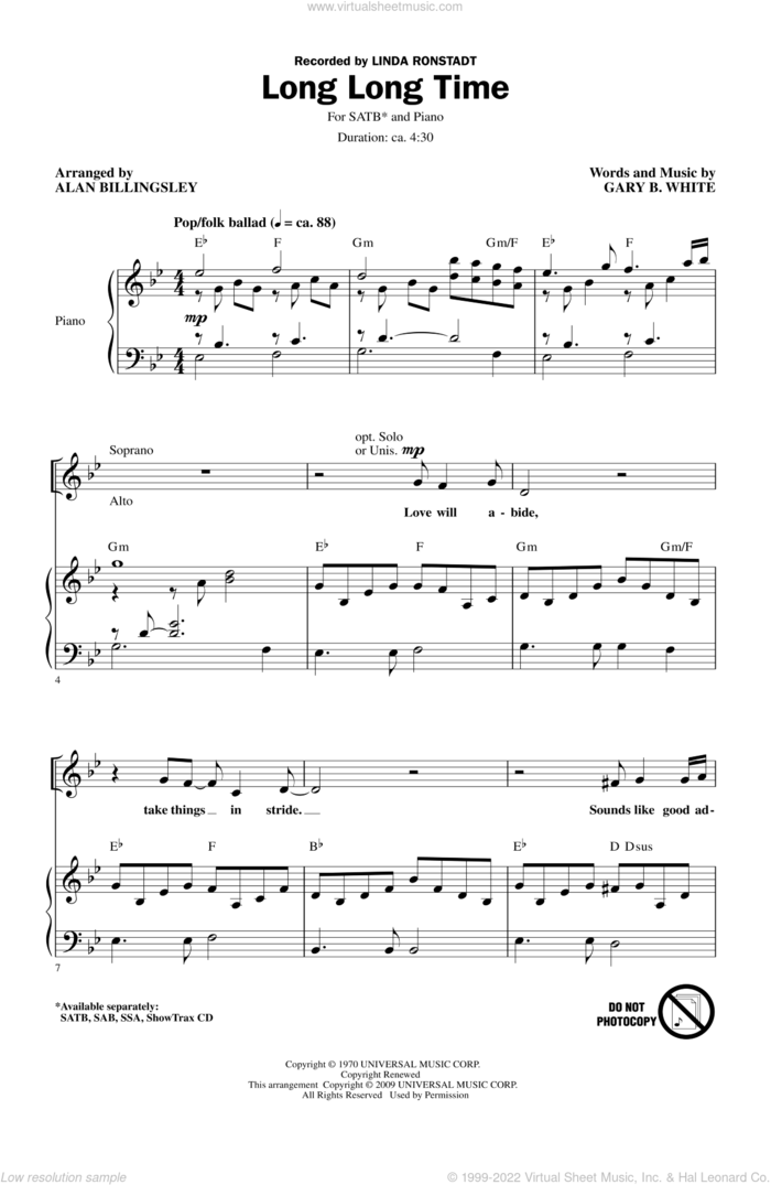 Long Long Time sheet music for choir (SATB: soprano, alto, tenor, bass) by Alan Billingsley and Linda Ronstadt, intermediate skill level