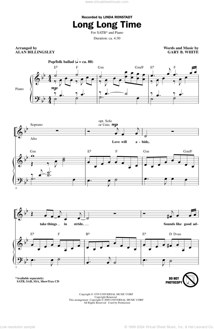 Long Long Time sheet music for choir (SATB: soprano, alto, tenor, bass) by Alan Billingsley and Linda Ronstadt, intermediate skill level