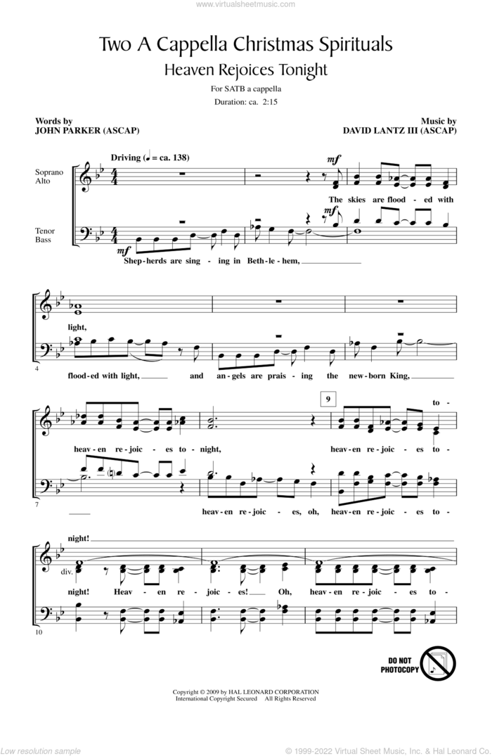 Two A Cappella Christmas Spirituals sheet music for choir (SATB: soprano, alto, tenor, bass) by John Parker and David Lanz, intermediate skill level
