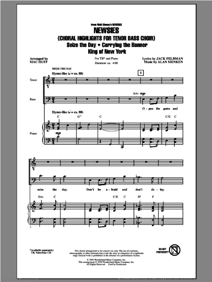 Newsies (Choral Highlights for Tenor Bass Choir) sheet music for choir (TB: tenor, bass) by Mac Huff, intermediate skill level