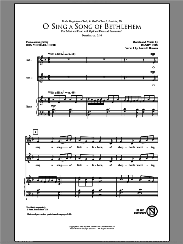 O Sing A Song Of Bethlehem sheet music for choir (2-Part) by Randy Cox and Don Michael Dicie, intermediate duet