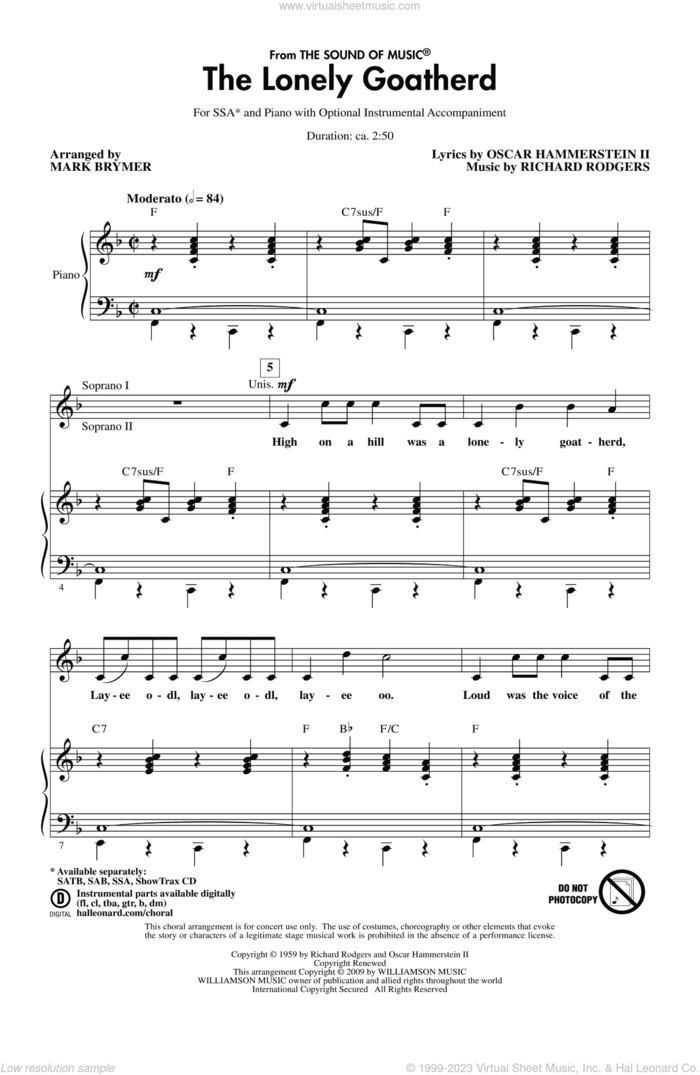 The Lonely Goatherd (from The Sound of Music) sheet music for choir (SSA: soprano, alto) by Mark Brymer, intermediate skill level