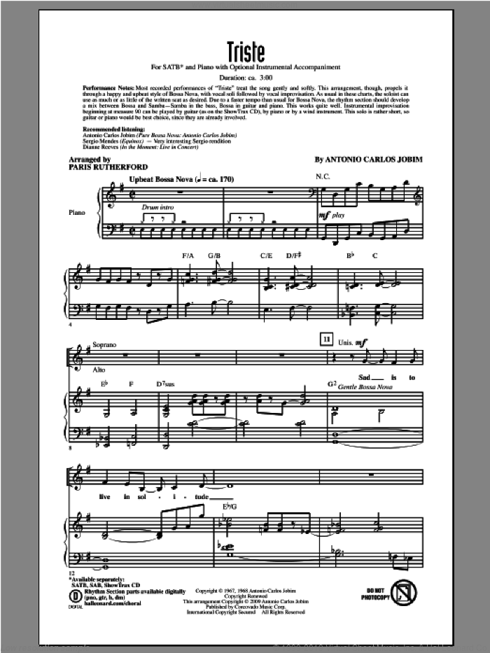 Triste sheet music for choir (SATB: soprano, alto, tenor, bass) by Antonio Carlos Jobim and Paris Rutherford, intermediate skill level