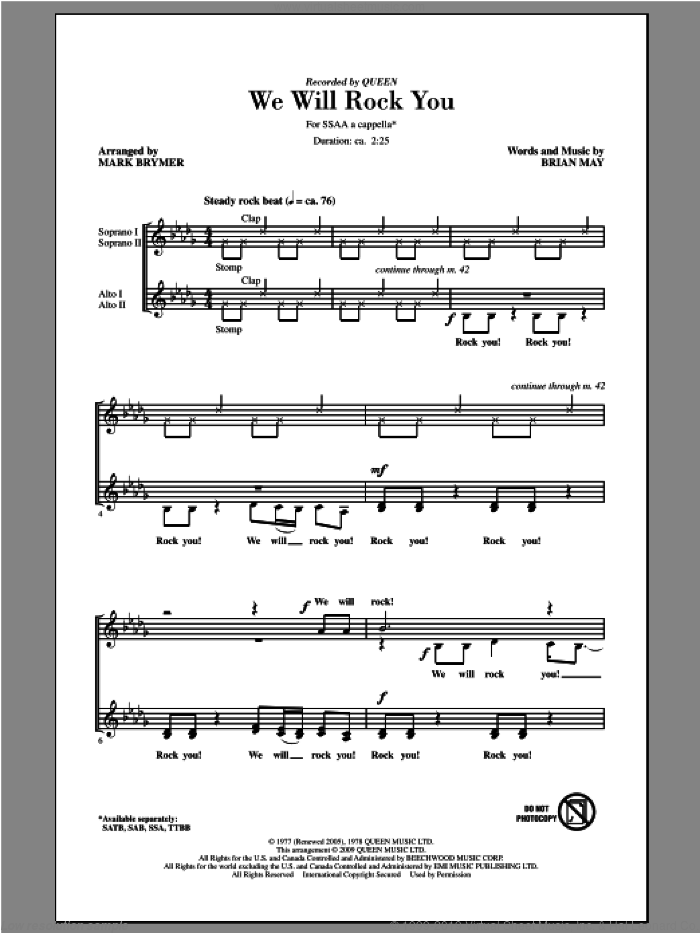 We Will Rock You (arr. Mark Brymer) sheet music for choir (SSA: soprano, alto) by Mark Brymer and Queen, intermediate skill level
