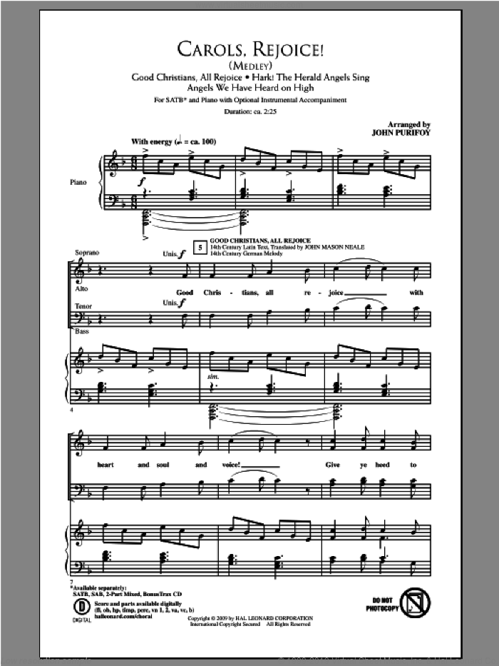 Carols, Rejoice (Medley) sheet music for choir (SATB: soprano, alto, tenor, bass) by John Purifoy, intermediate skill level
