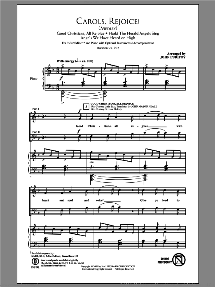 Carols, Rejoice (Medley) sheet music for choir (2-Part) by John Purifoy, intermediate duet