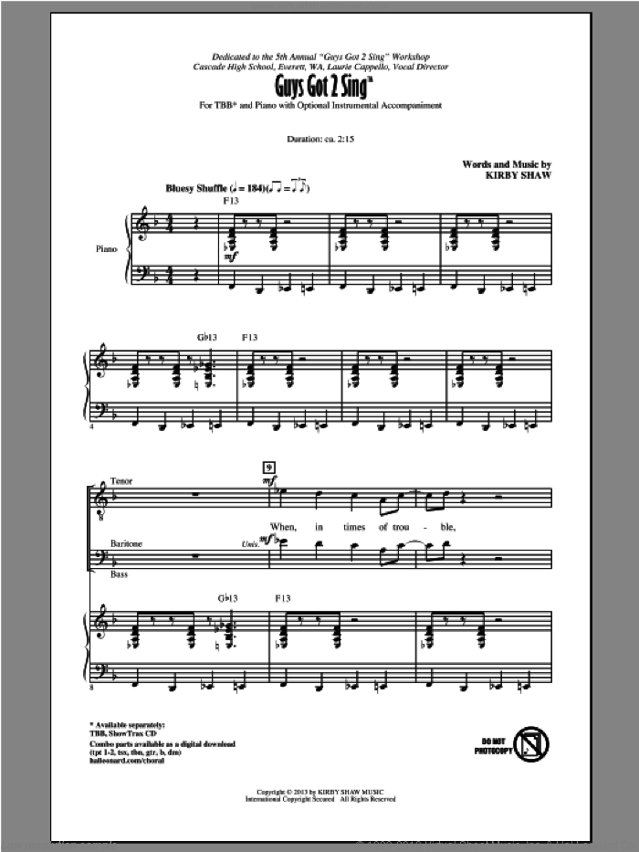Guys Got To Sing sheet music for choir (TBB: tenor, bass) by Kirby Shaw, intermediate skill level