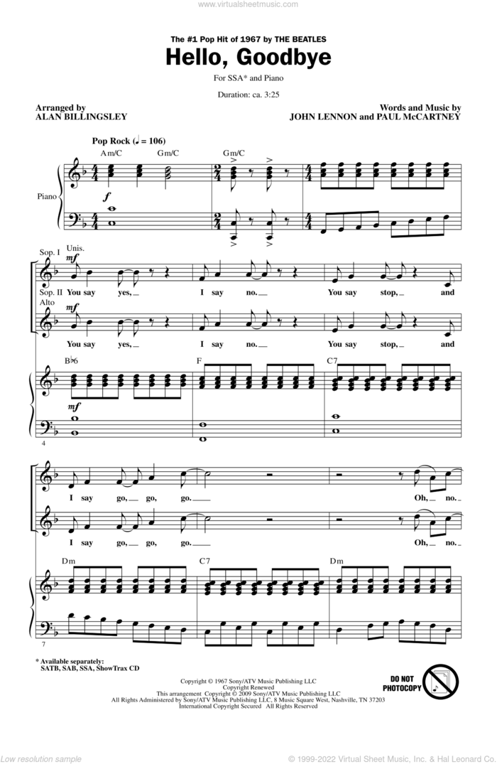 Hello, Goodbye (arr. Alan Billingsley) sheet music for choir (SSA: soprano, alto) by The Beatles, Alan Billingsley, John Lennon and Paul McCartney, intermediate skill level