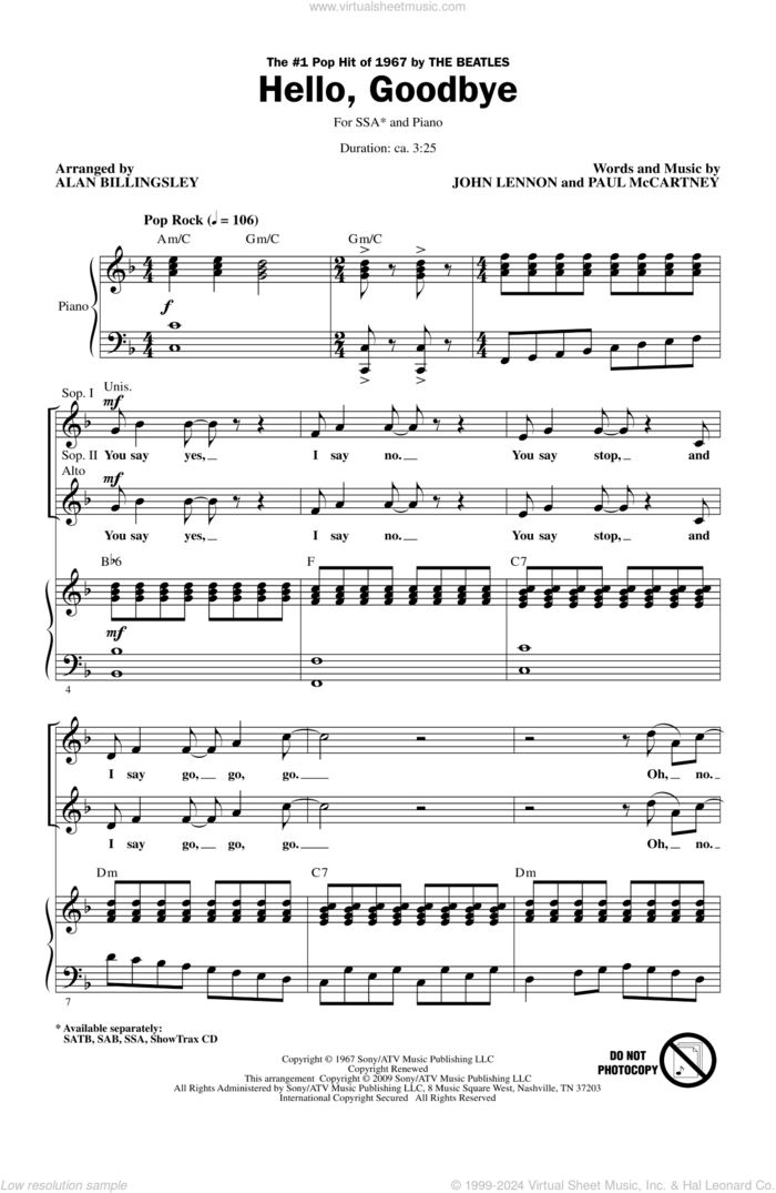 Hello, Goodbye (arr. Alan Billingsley) sheet music for choir (SSA: soprano, alto) by The Beatles, Alan Billingsley, John Lennon and Paul McCartney, intermediate skill level