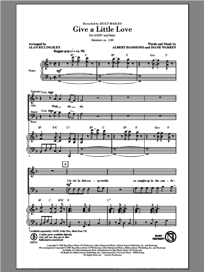Give A Little Love (arr. Alan Billingsley) sheet music for choir (SATB: soprano, alto, tenor, bass) by Alan Billingsley, Albert Hammond, Diane Warren and Ziggy Marley, intermediate skill level