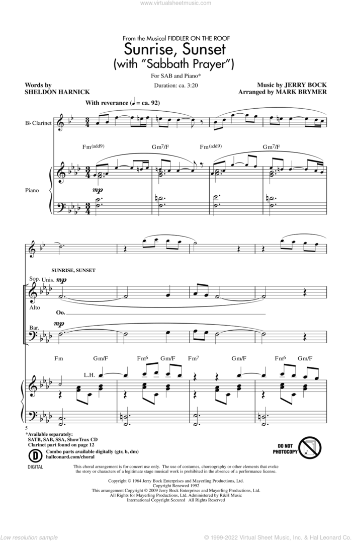 Sunrise, Sunset (with 'Sabbath Prayer') sheet music for choir (SAB: soprano, alto, bass) by Mark Brymer, intermediate skill level