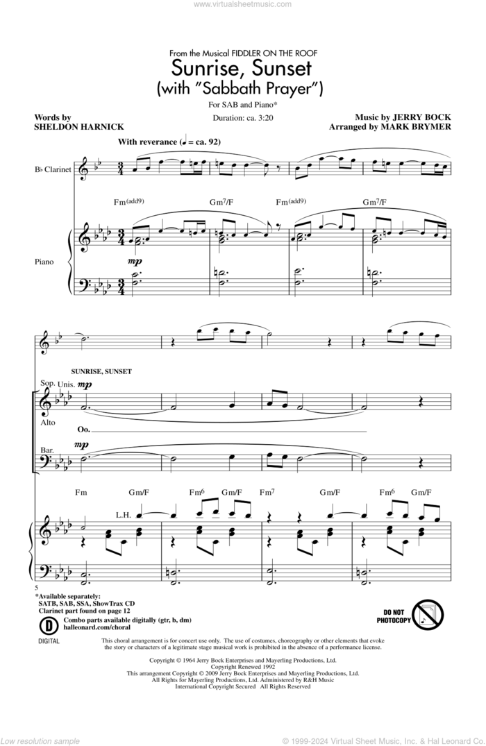 Sunrise, Sunset (with 'Sabbath Prayer') sheet music for choir (SAB: soprano, alto, bass) by Mark Brymer, intermediate skill level