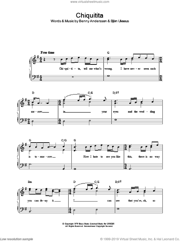 Chiquitita sheet music for piano solo by ABBA, Benny Andersson and Bjorn Ulvaeus, easy skill level