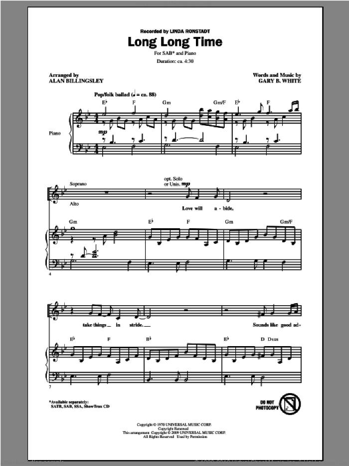 Long Long Time sheet music for choir (SAB: soprano, alto, bass) by Alan Billingsley and Linda Ronstadt, intermediate skill level