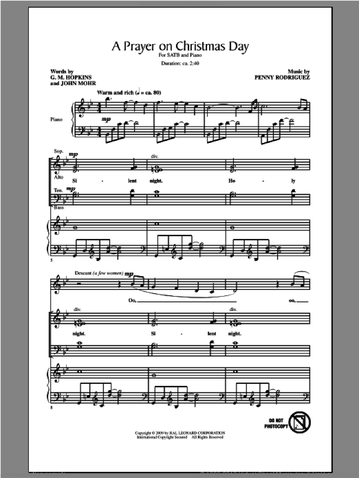 A Prayer On Christmas Day sheet music for choir (SATB: soprano, alto, tenor, bass) by Penny Rodriguez, intermediate skill level