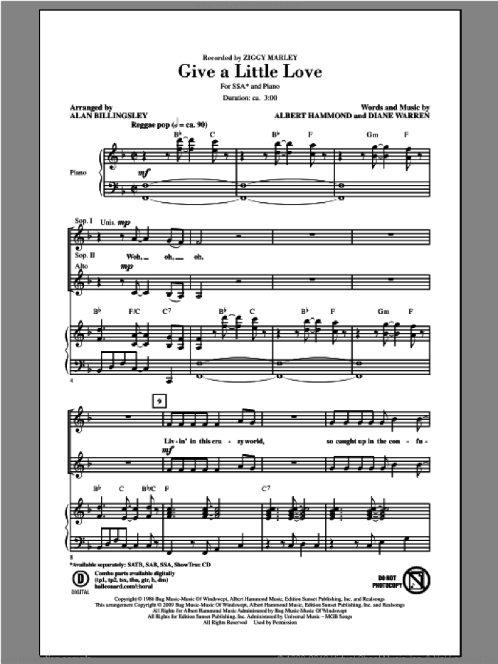 Give A Little Love sheet music for choir (SSA: soprano, alto) by Alan Billingsley, Albert Hammond, Diane Warren and Ziggy Marley, intermediate skill level