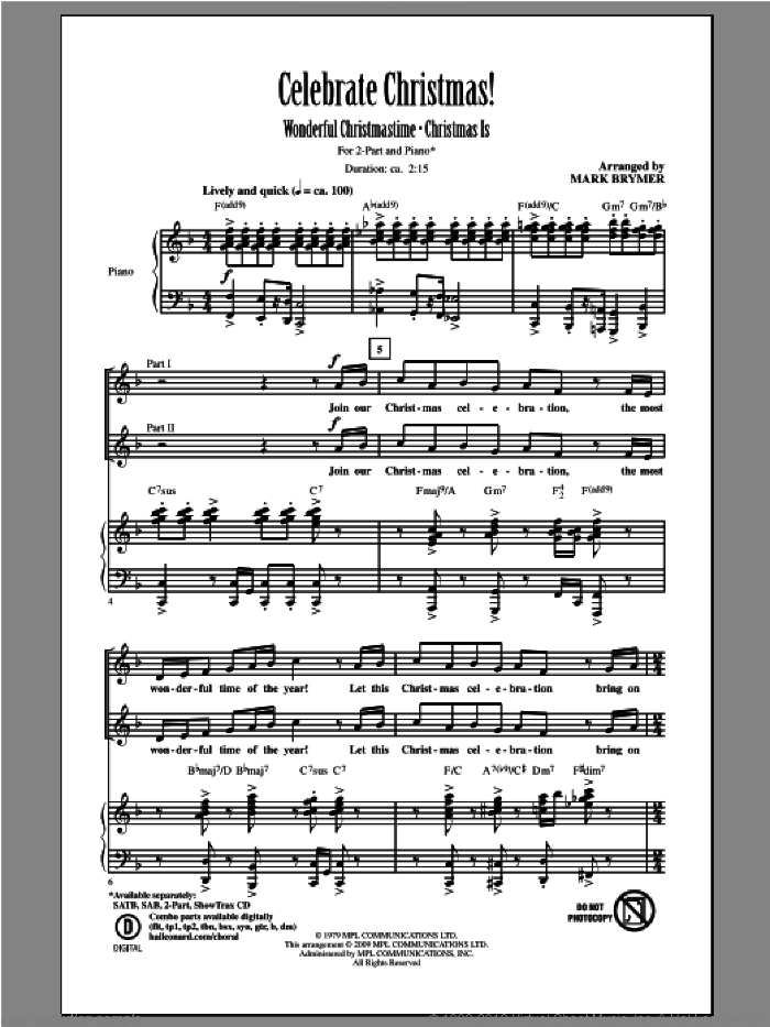 Celebrate Christmas! (Medley) sheet music for choir (2-Part) by Mark Brymer, intermediate duet