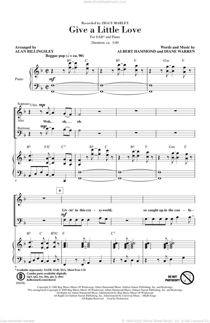 Give A Little Love (arr. Alan Billingsley) sheet music for choir (SAB: soprano, alto, bass) by Alan Billingsley, Albert Hammond, Diane Warren and Ziggy Marley, intermediate skill level