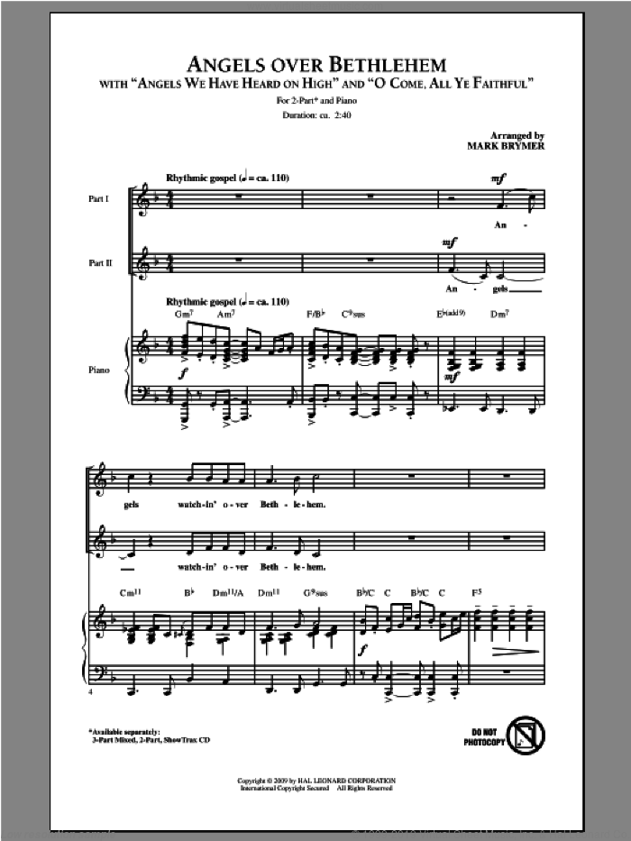 Angels Over Bethlehem sheet music for choir (2-Part) by Mark Brymer, intermediate duet