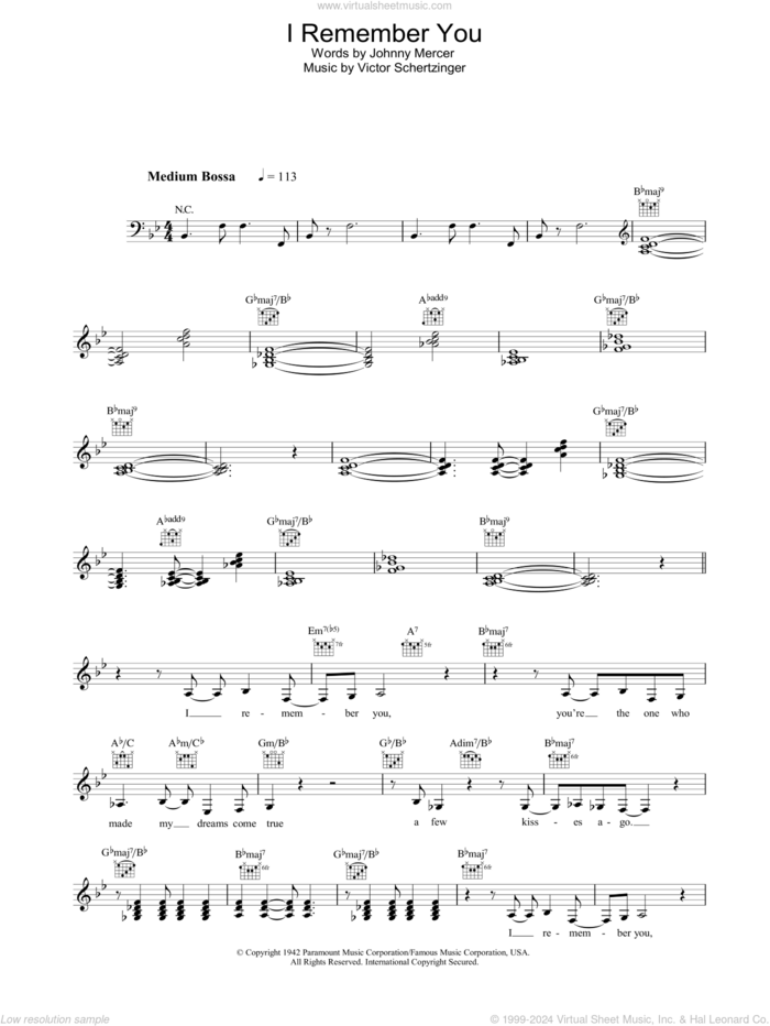 I Remember You sheet music for voice and other instruments (fake book) by Diana Krall, Johnny Mercer and Victor Schertzinger, intermediate skill level