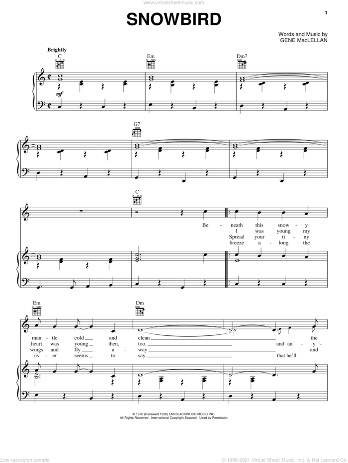 Snowbird sheet music for voice, piano or guitar by Anne Murray, Elvis Presley and Gene MacLellan, intermediate skill level