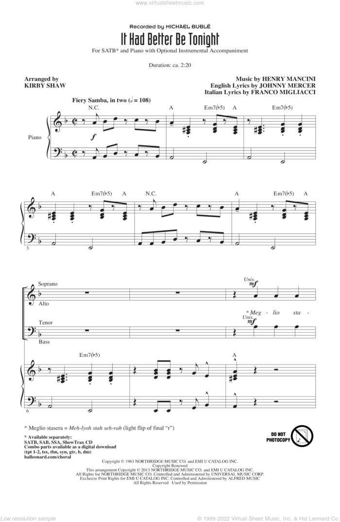 It Had Better Be Tonight sheet music for choir (SATB: soprano, alto, tenor, bass) by Kirby Shaw and Michael Buble, intermediate skill level